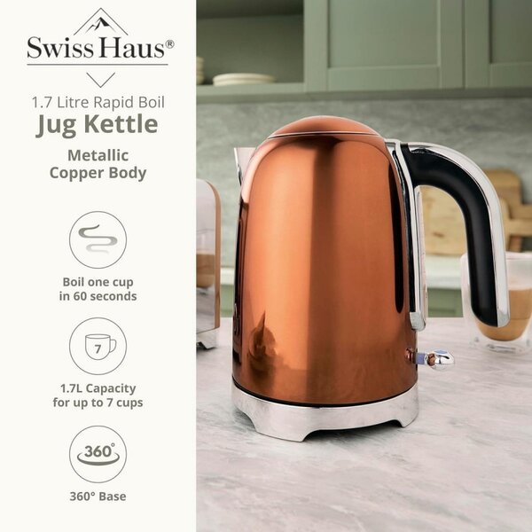 Електрическа кана за вода Swiss Haus SH-SWK2127, 2000W, 1.7 л, 360° основа, Филтър, Скрит нагревател, Двойни стени, Меден