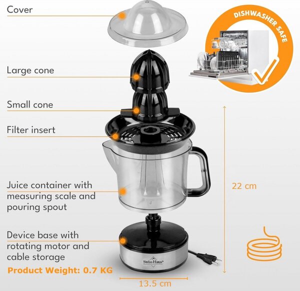 Електрическа цитрус преса Swiss Haus SH-CJ2140, 40W, 1 л, Филтър, Двупосочно завъртане, Без BPA, Меден/черен