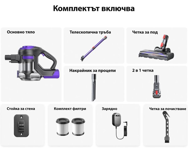 Вертикална прахосмукачка Yaber L10, 170W, 0.6 л, 80000 об/мин, 35 мин, 2 степени, HEPA, LED осветление на четката, Свободностояща, Лилав/Сив