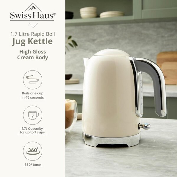 Електрическа кана за вода Swiss Haus SH-SWK2027, 2000W, 1.7 л, 360° основа, Филтър, Скрит нагревател, Двойни стени, Кремав
