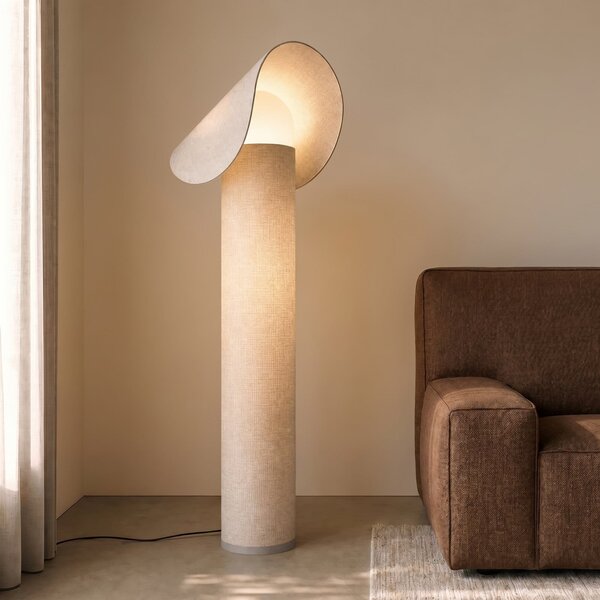 Lucande LED стояща лампа „Sansibar“ от Lucande, бежова, 110 см, с регулиране на яркостта, Затъмняване, Бежов, спалня, Плат / текстил, Дизайн