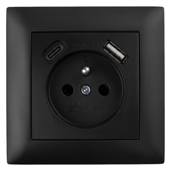 Единичен контакт със заземяване + USB-A USB-C OSTE JNH004-G Black