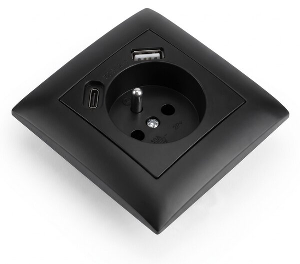 Единичен контакт със заземяване + USB-A USB-C OSTE JNH004-G Black