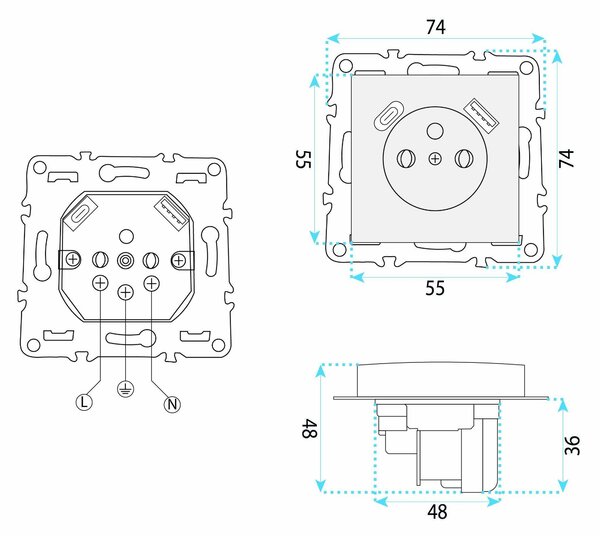 Единичен контакт със заземяване + USB-A USB-C OSTE JNH004-G Grey