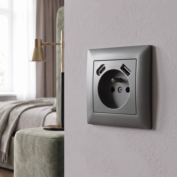 Единичен контакт със заземяване + USB-A USB-C OSTE JNH004-G Grey