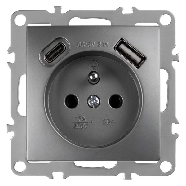 Единичен контакт със заземяване + USB-A USB-C OSTE JNH004-G Grey