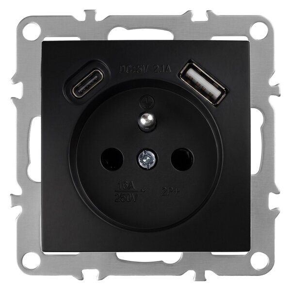 Единичен контакт със заземяване + USB-A USB-C OSTE JNH004-G Black