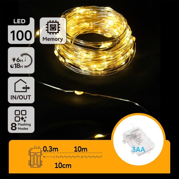 Aigostar -LED Външен гирлянд 100xLED/8 функции 3xAA 10,3m IP44 топло бяло