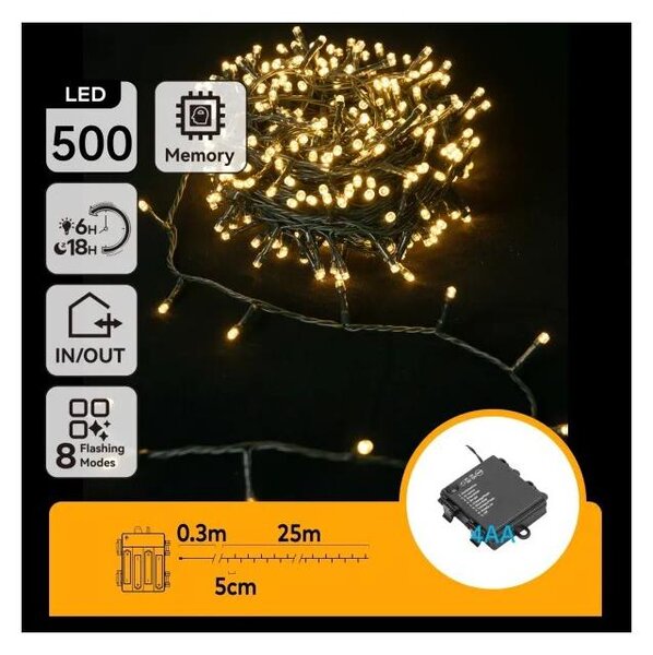 Aigostar - LED външна гирлянда 500xLED/8 функции 4xAA 25,3 m топла бяла светлина