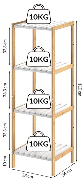 Бамбукова етажерка 110 x 33 x 34 см – бяла, с 4 рафта