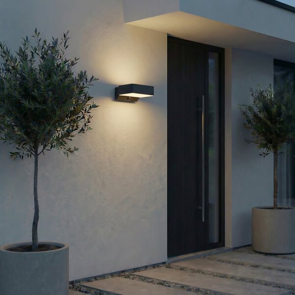 Lindby LED външна стенна лампа Fando, антрацит, със сензор, IP44, Сив, Алуминий