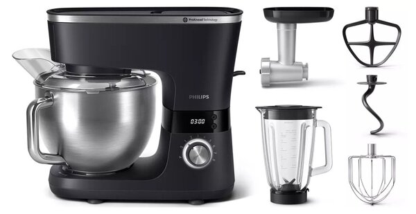 Кухненски робот с месомелачка и блендер Philips HR7962/21, 1000W, 5.5l капацитет, 1.5l капацитет на купата за блендер, 8 скорости, черен