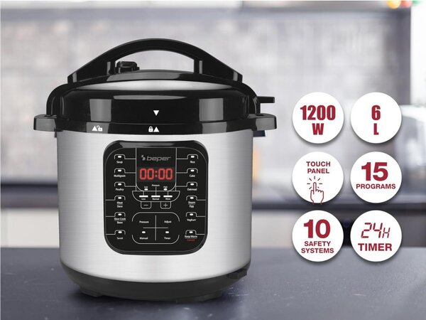 Мултикукър под налягане Beper P101COS001, 1200W, 15 програми, 6 литра, Таймер, Инокс/черен