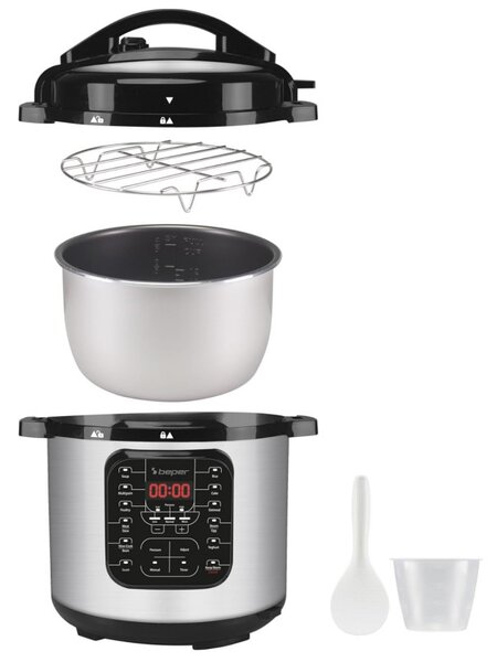 Мултикукър под налягане Beper P101COS001, 1200W, 15 програми, 6 литра, Таймер, Инокс/черен