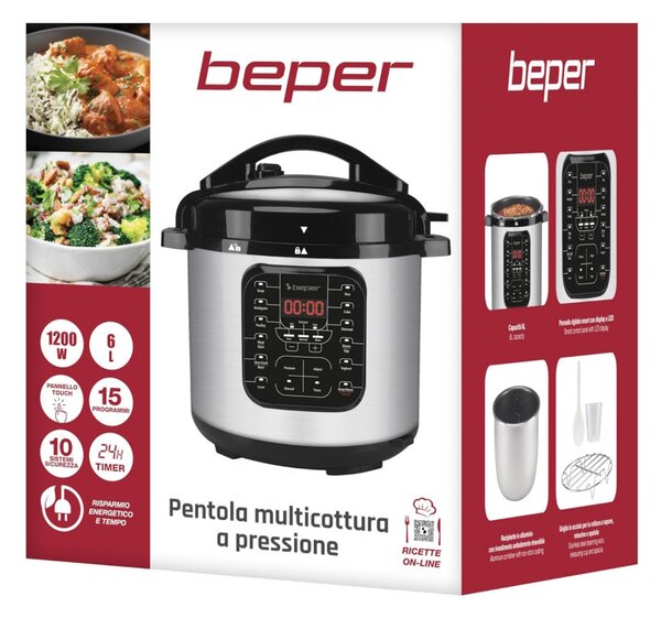 Мултикукър под налягане Beper P101COS001, 1200W, 15 програми, 6 литра, Таймер, Инокс/черен