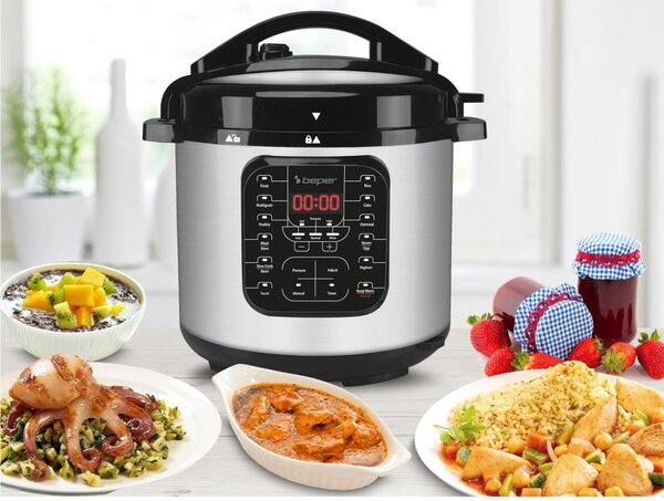 Мултикукър под налягане Beper P101COS001, 1200W, 15 програми, 6 литра, Таймер, Инокс/черен