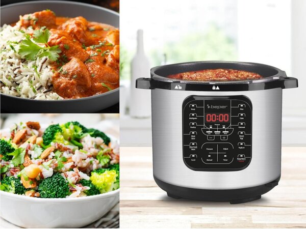 Мултикукър под налягане Beper P101COS001, 1200W, 15 програми, 6 литра, Таймер, Инокс/черен
