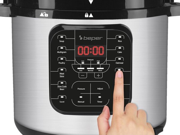 Мултикукър под налягане Beper P101COS001, 1200W, 15 програми, 6 литра, Таймер, Инокс/черен