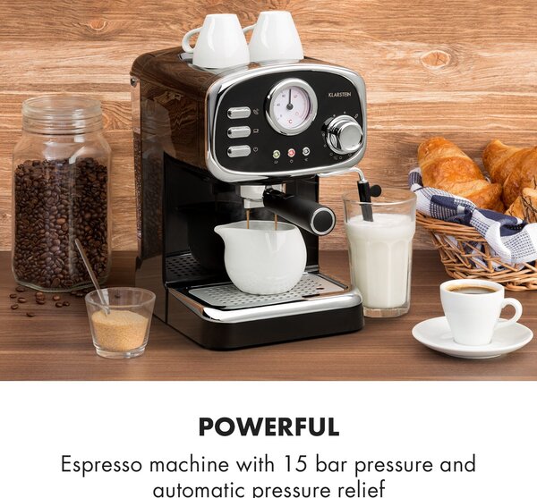 Klarstein Espressionata Gusto, espresso кафе машина, 1100 W, налягане 15 бара, черна
