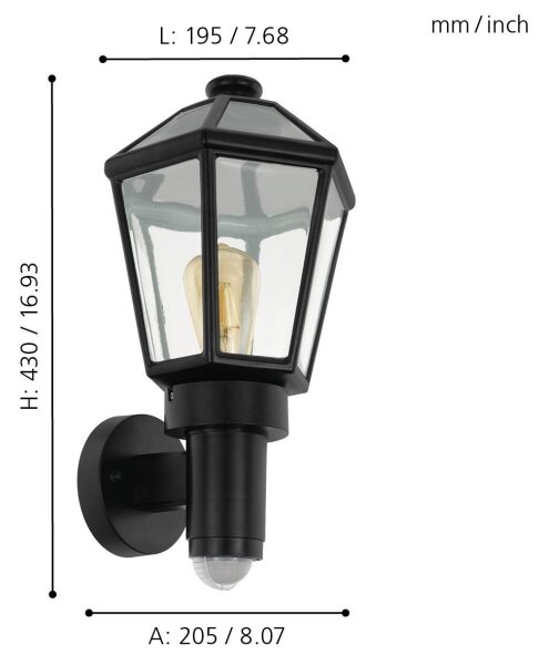 Eglo 97257- Екстериорен аплик със сензор MONSELICE 1xE27/28W/230V IP44