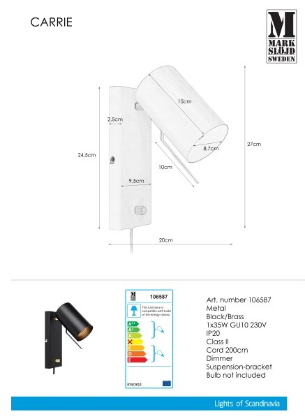 Markslöjd 106587 - Димируема Стенна лампа CARRIE 1xGU10/35W/230V черна