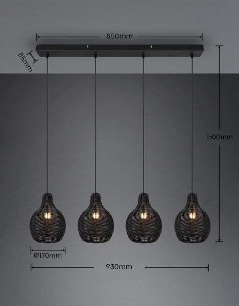Reality - Полилей на кабел SPROUT 4xE14/30W/230V черен/ратан