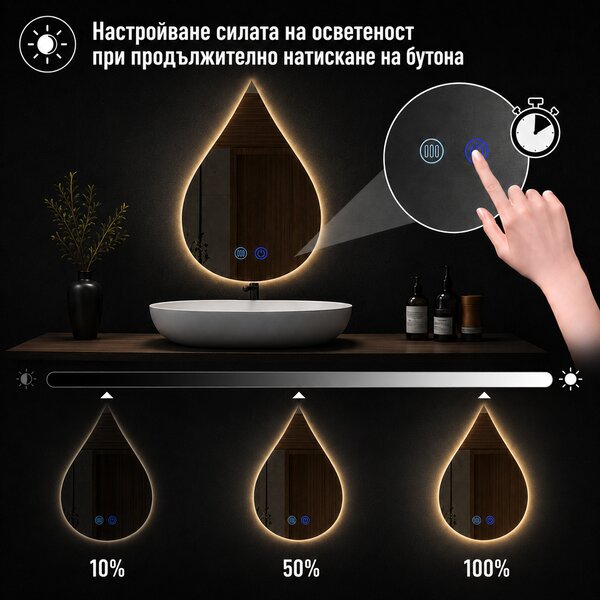 Огледало за баня с LED осветление и функция против изпотяване Касия
