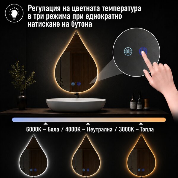 Огледало за баня с LED осветление и функция против изпотяване Касия