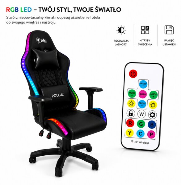 LED геймърски стол с RGB подсветка, възглавници и регулируеми подлакътници