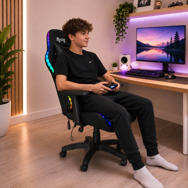 LED геймърски стол с RGB подсветка, възглавници и регулируеми подлакътници
