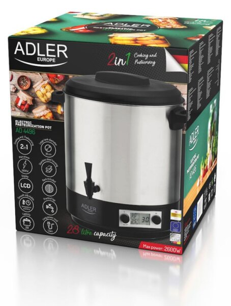 Уред за стерилизиране на консерви Adler AD 4496, 2600W, 28 л, 30-100C, Дисплей с таймер, Инокс