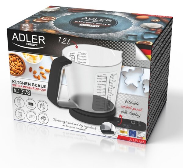 Кухненска везна с купа Adler AD 3178, 5кг, LCD дисплей, g, oz, ml, ТАРА, Черен