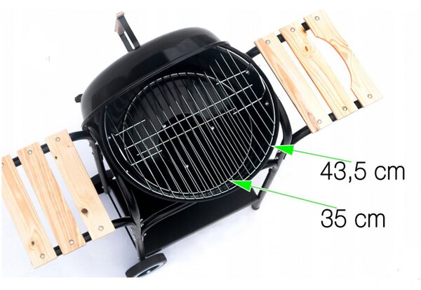 Барбекю на дървени въглища Mirpol MIR270, Емайлирана стомана, Диаметър на готвещата повърхност 43.5 см, Колела, Хромирана решетка, Черен