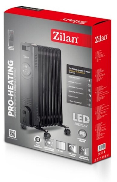 Маслен радиатор Zilan ZLN8416, 2000 W, 9 ребра, 3 степени, Дистанционно управление, Термостат, Черен