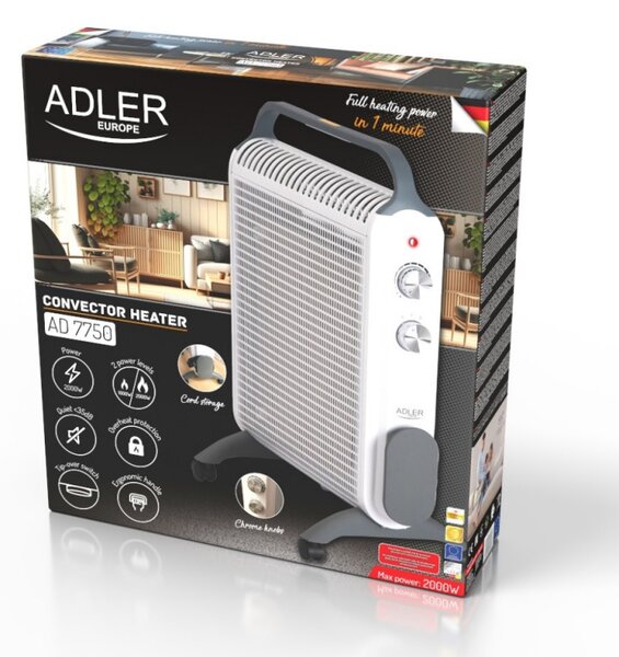 Конвекторен отоплител Adler AD 7750, 2000W, 2 степени, Регулируем термостат, IP24, Защита, Бял/сив