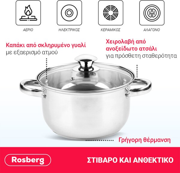 Комплект тенджери Rosberg R51210O6, 6 части, 3-5 L, Стъклен капак, Инокс