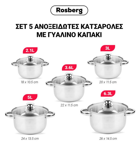 Комплект тенджери Rosberg R51210O10, 10 части, 2.1-6.3 l, Неръждаема стомана, Сребрист