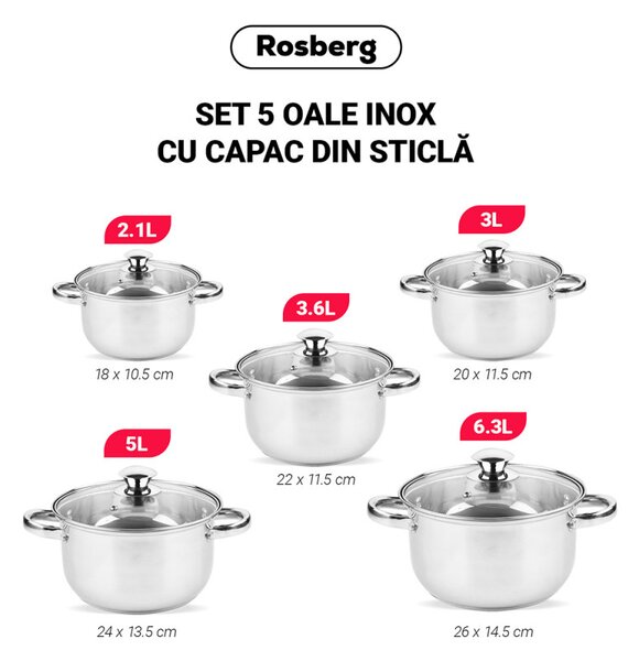 Комплект тенджери Rosberg R51210O10, 10 части, 2.1-6.3 l, Неръждаема стомана, Сребрист