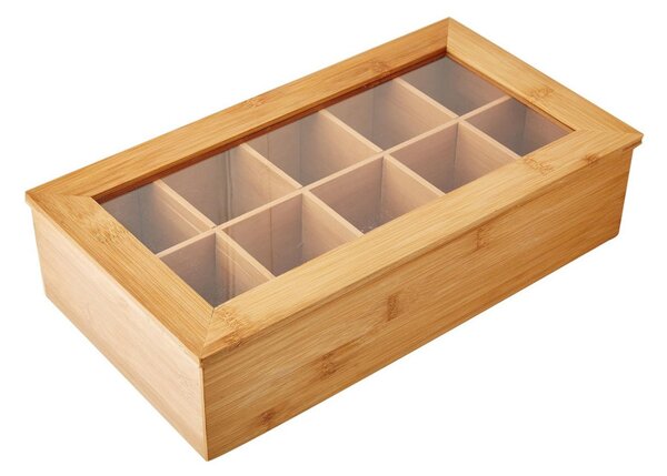 Кутия за чай Kesper 58901, 36x20x9см, Бамбук, 10 отделения, Прозорче, Кафяв