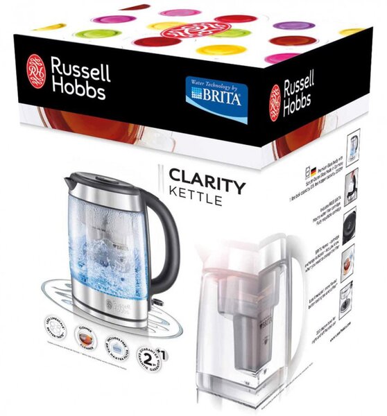 Стъклена електрическа кана с филтър Russell Hobbs Clarity 20760-57, 2200W, 1L, Осветена, Скрит нагревател, SCHOTT DURAN, Филтър BRITA, Инокс