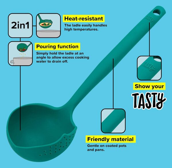 Черпак Tasty 678202, Дупки за отцеждане, Мека дръжка, 30 см, Силикон, Зелен