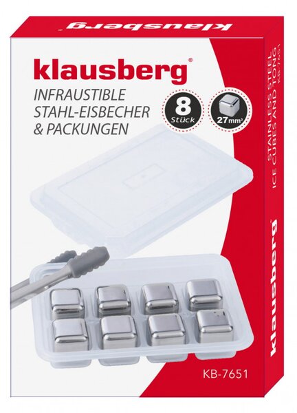 Стоманени кубчета за лед с щипки и поставка Klausberg KB 7651, 8 бр, Многократна употреба, Инокс