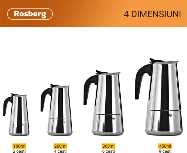 Кубинска кафеварка Rosberg R51173F2, 2 чаши, Инокс