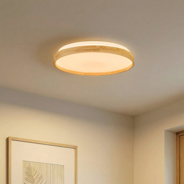 Lindby Smart LED осветление за таван Mirren wood Ø39,5cm CCT Tuya, Затъмняване, Дърво, Дневна/трапезария, Пластмаса, Модерен