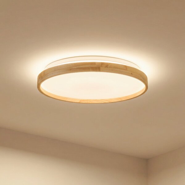Lindby Smart LED осветление за таван Mirren wood Ø39,5cm CCT Tuya, Затъмняване, Дърво, Дневна/трапезария, Пластмаса, Модерен