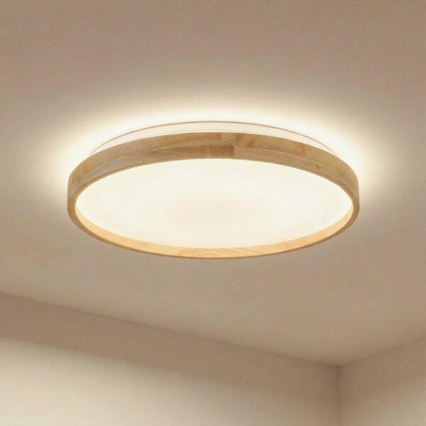 Lindby Smart LED осветление за таван Mirren wood Ø49,5cm CCT Tuya, Затъмняване, Дърво, Дневна/трапезария, Пластмаса, Модерен