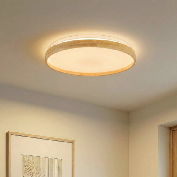 Lindby Smart LED осветление за таван Mirren wood Ø49,5cm CCT Tuya, Затъмняване, Дърво, Дневна/трапезария, Пластмаса, Модерен