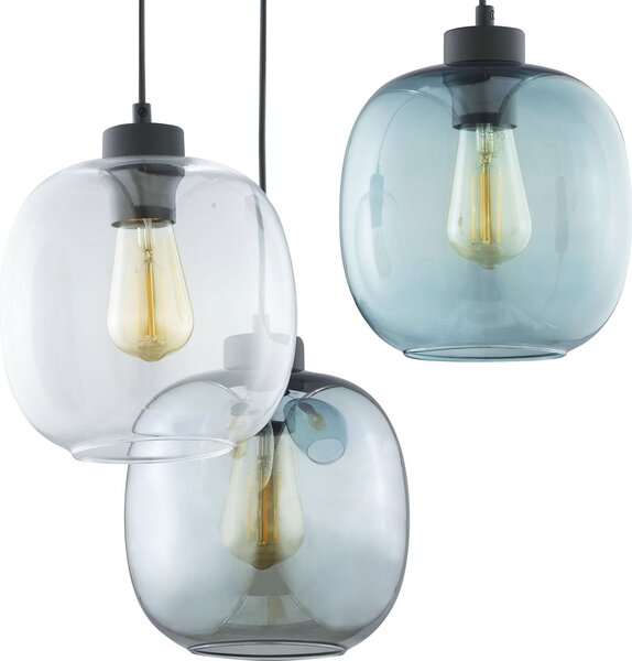TK Lighting Висяща лампа Elio, стъкло, синьо/прозрачно/сиво, Ø 52 cm, 3 светлини, Затъмняване, Прозрачен, Дневна/трапезария, Стъкло, Модерен
