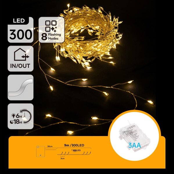 Aigostar - LED външен коледен гирлянд 300xLED/8 функции 3xAA 9,3m IP44 топла бяла светлина