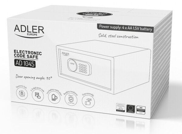 Електронен сейф Adler AD 1045, 200x420x370 мм, 14 л, Блокиране след 4 грешни опита, Предупреждение за изтощена батерия, Черен